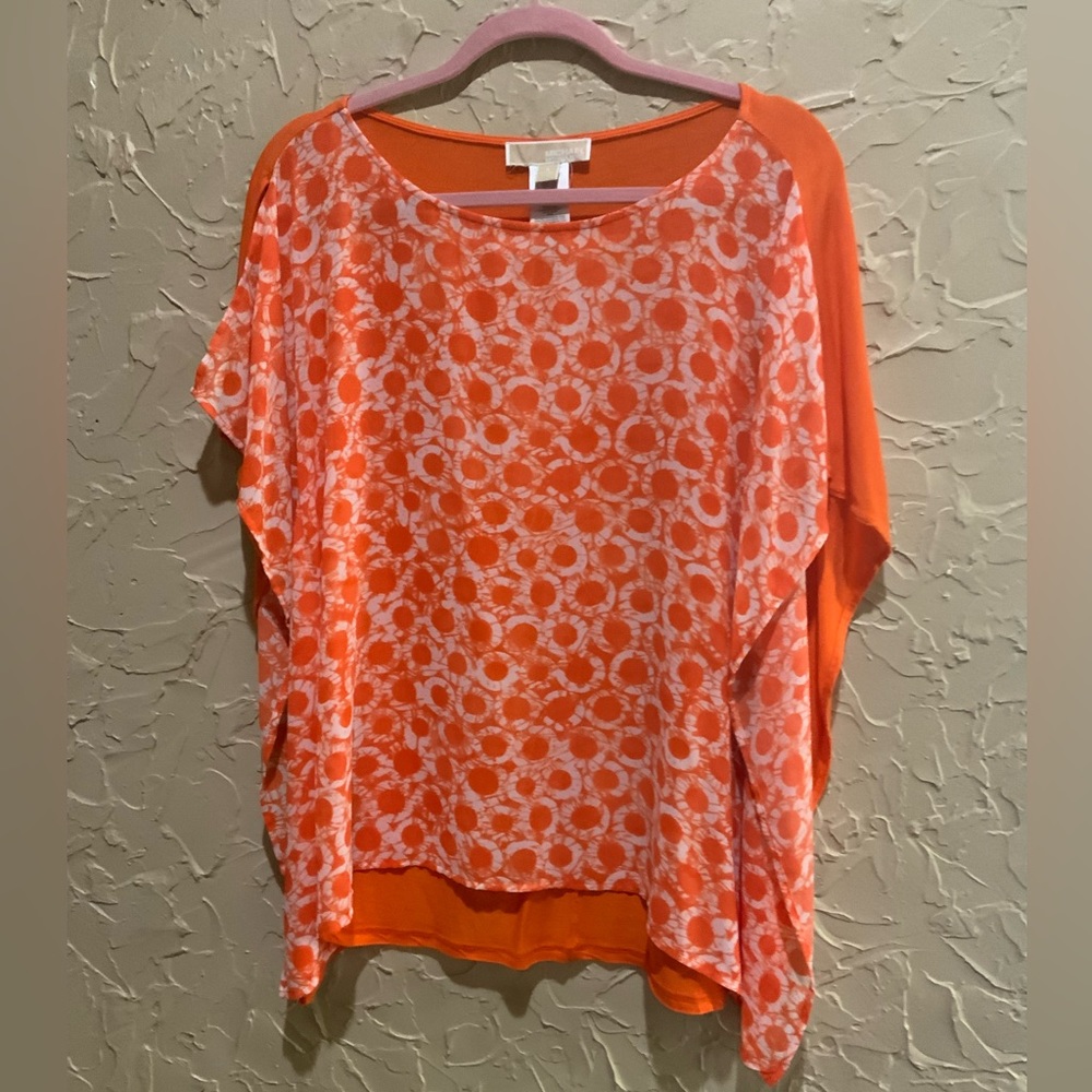 ❤️ Michael Kors Split Short Sleeve Poncho Top White Orange Circle Tie Dye❤️sz S